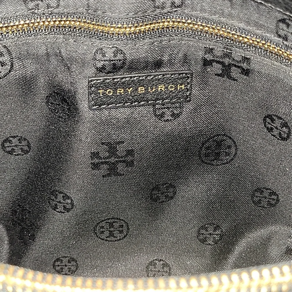 Tory Burch Flap Front Pebble Black Leather Shoulder Bag with Gold Chain-Strap
